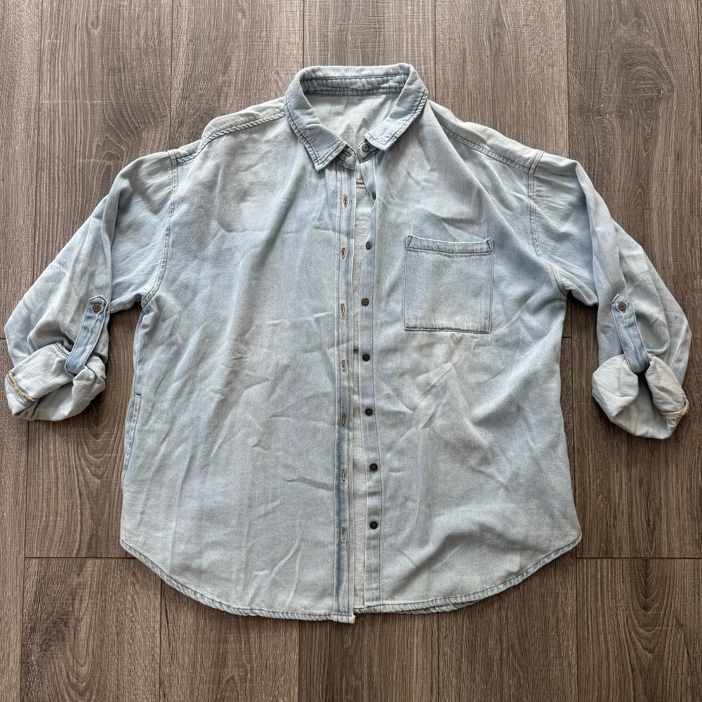 Judith March Denim Jean Button-Up Shirt Happy Sequin Smiley Face
